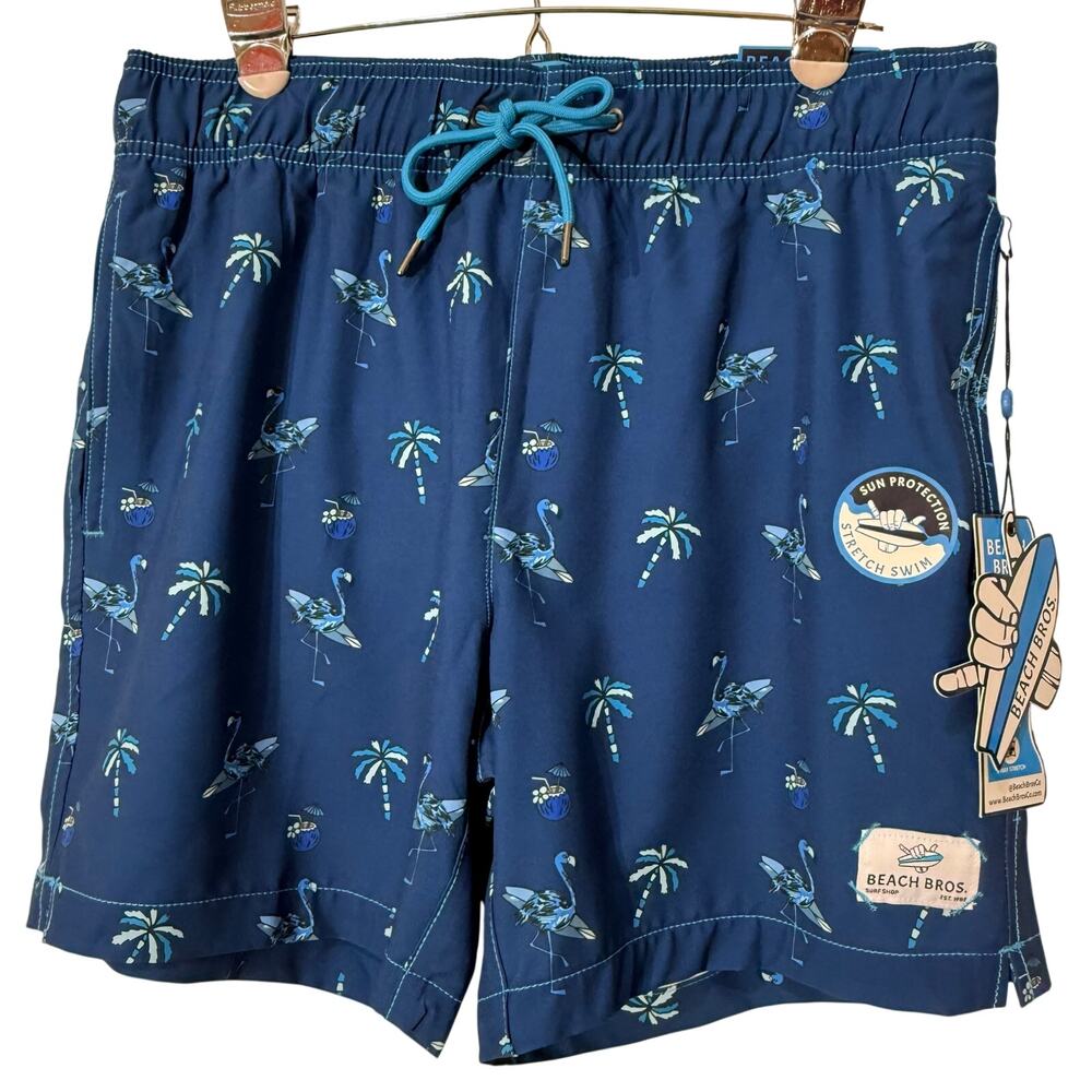 Beach Bros Swim Trunk / Swimsuit Dark Blue with Palm Trees, Men's Size M